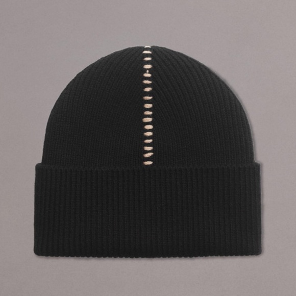 Rag & Bone Clarkson Black Wool Knit Beanie Hat with Stitching Detail Unisex NWT